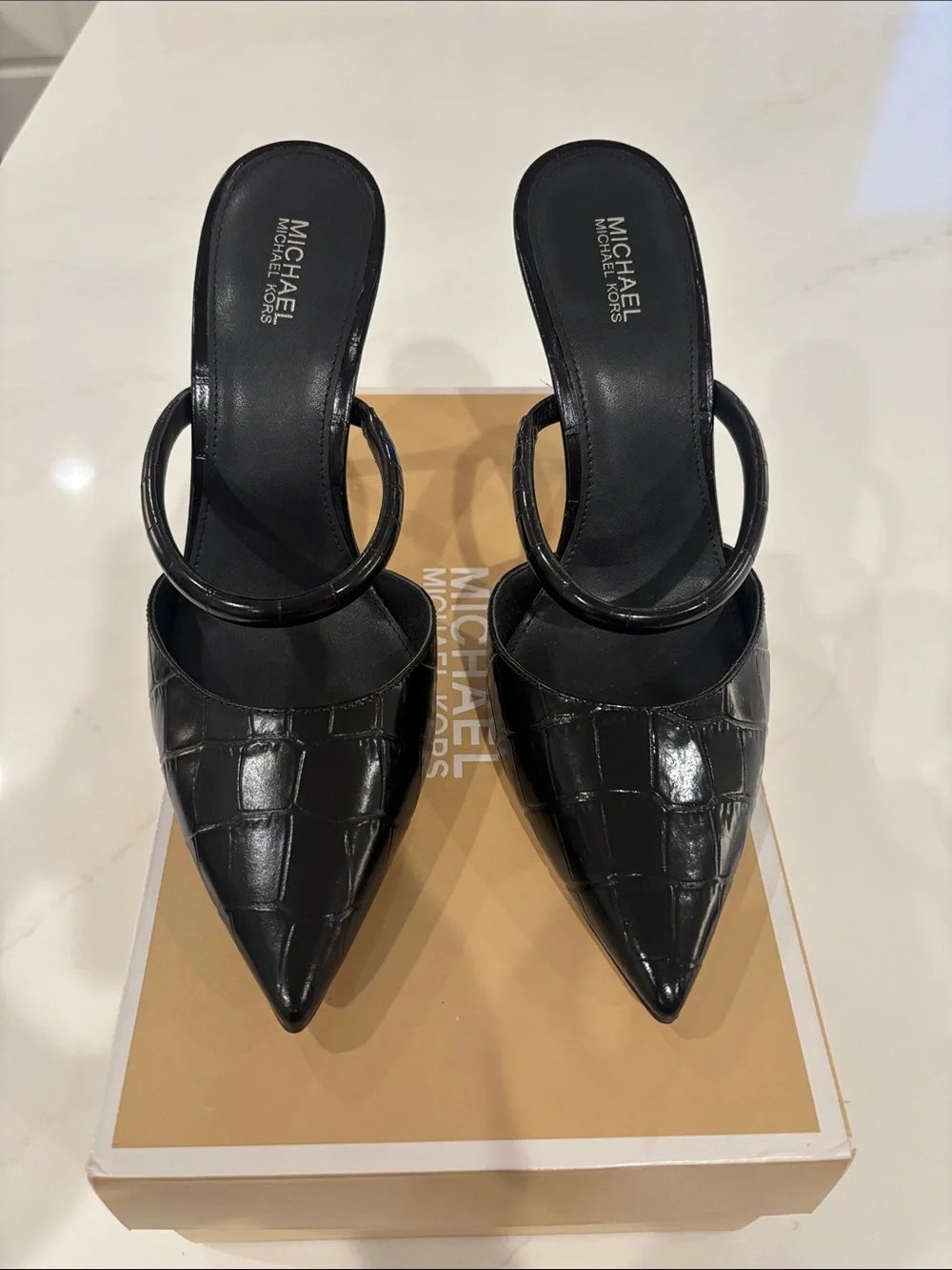 Michael Kors Black Croc-Embossed Pointed Stiletto Mule Heels